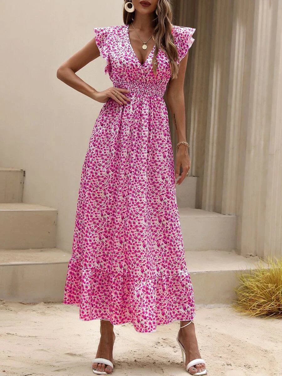 Women's Floral Maxi Dress with Smocked Waist and Ruffle Sleeves