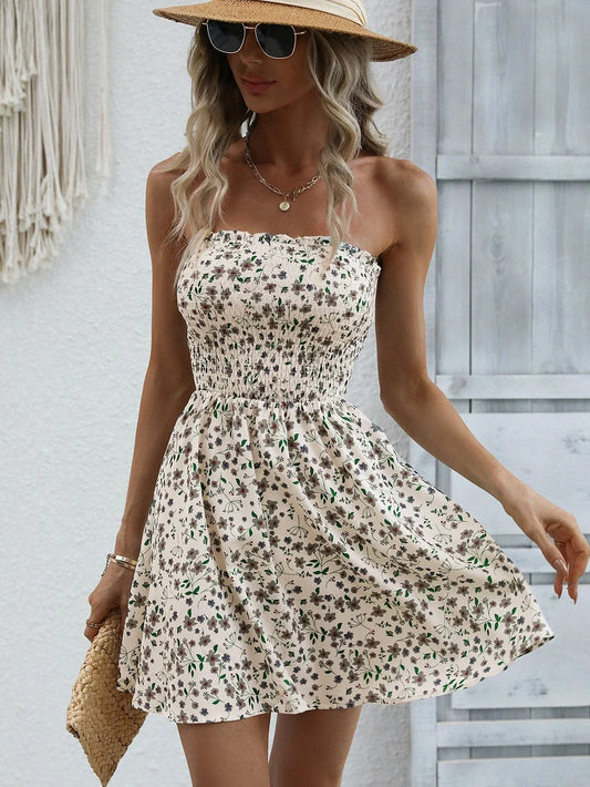 Women's Strapless Floral Mini Dress with Smocked Bodice