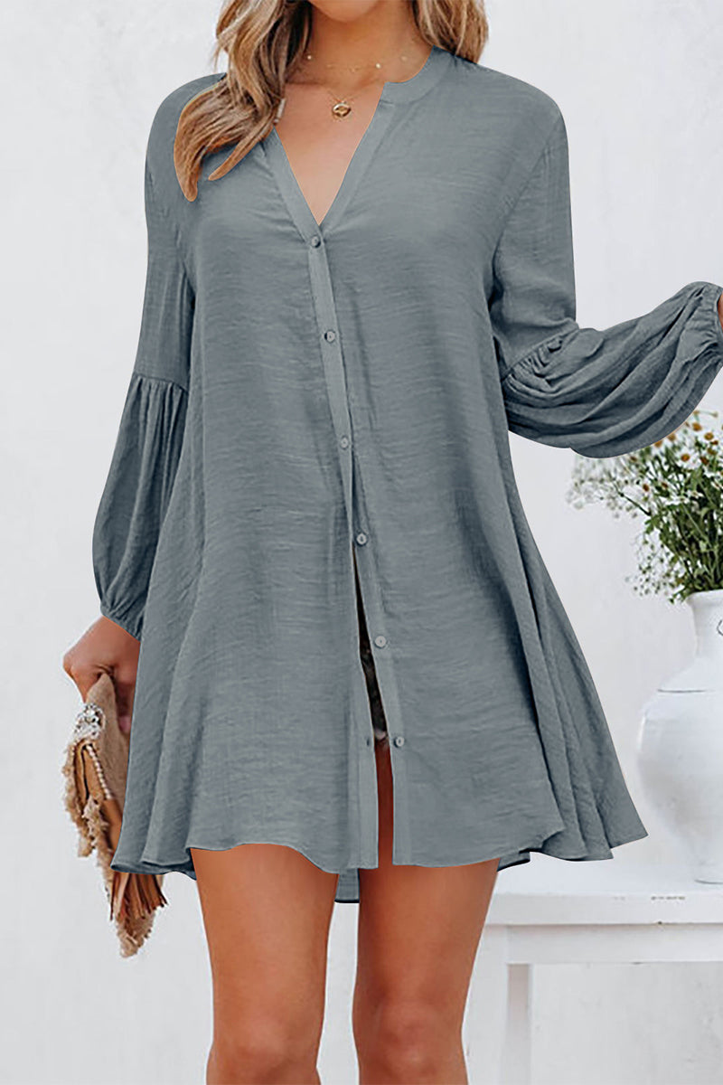 Women's Button-Down Tunic Shirt Dress with Flared Sleeves and V-Neck