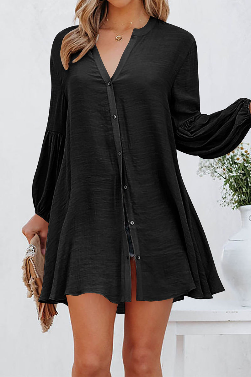 Women's Button-Down Tunic Shirt Dress with Flared Sleeves and V-Neck