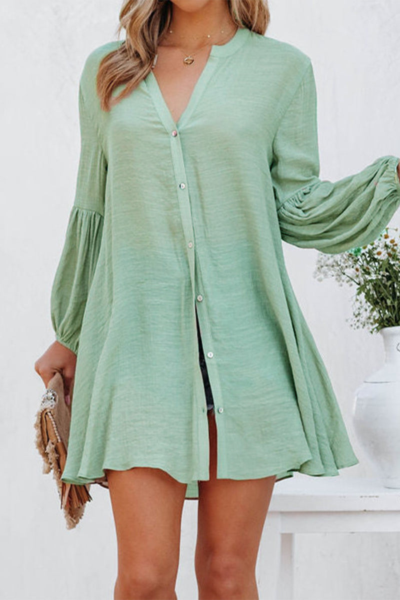 Women's Button-Down Tunic Shirt Dress with Flared Sleeves and V-Neck