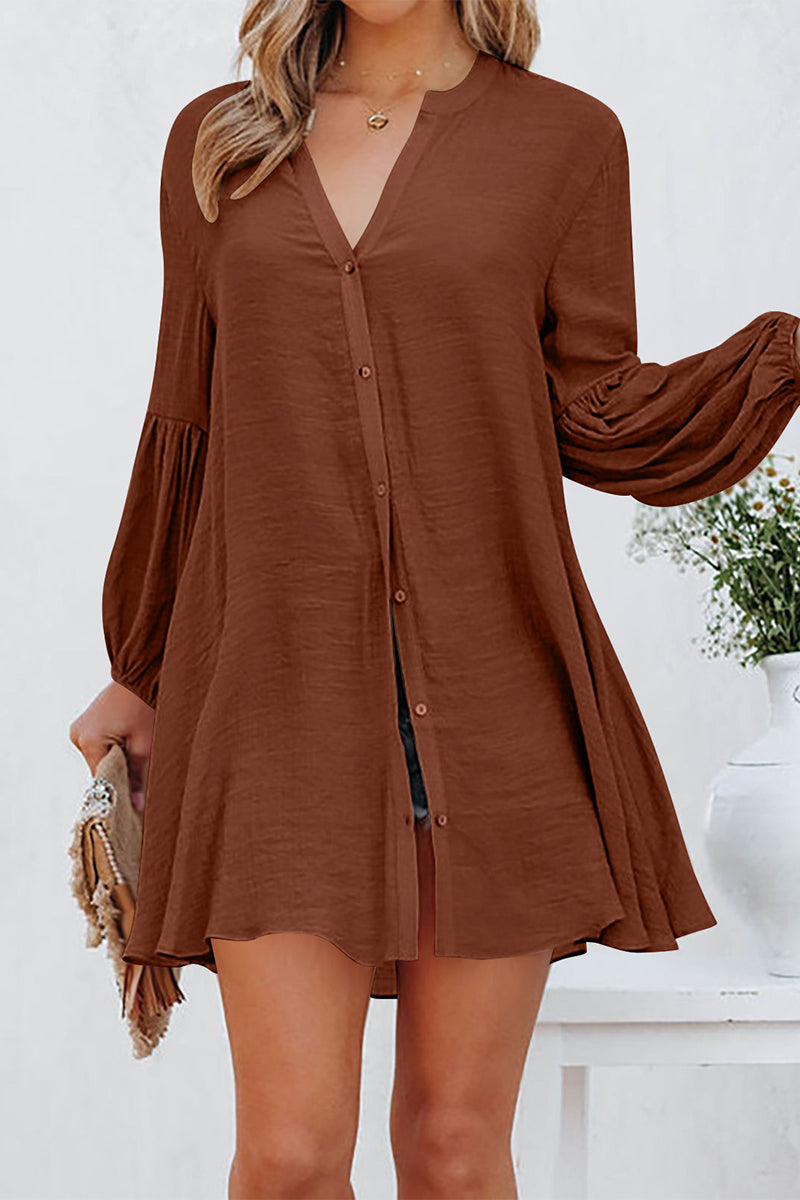 Women's Button-Down Tunic Shirt Dress with Flared Sleeves and V-Neck