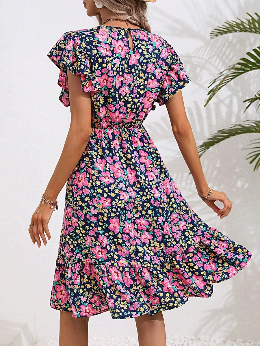 Women's Midi Dress with Ruffle Sleeves and Floral Print