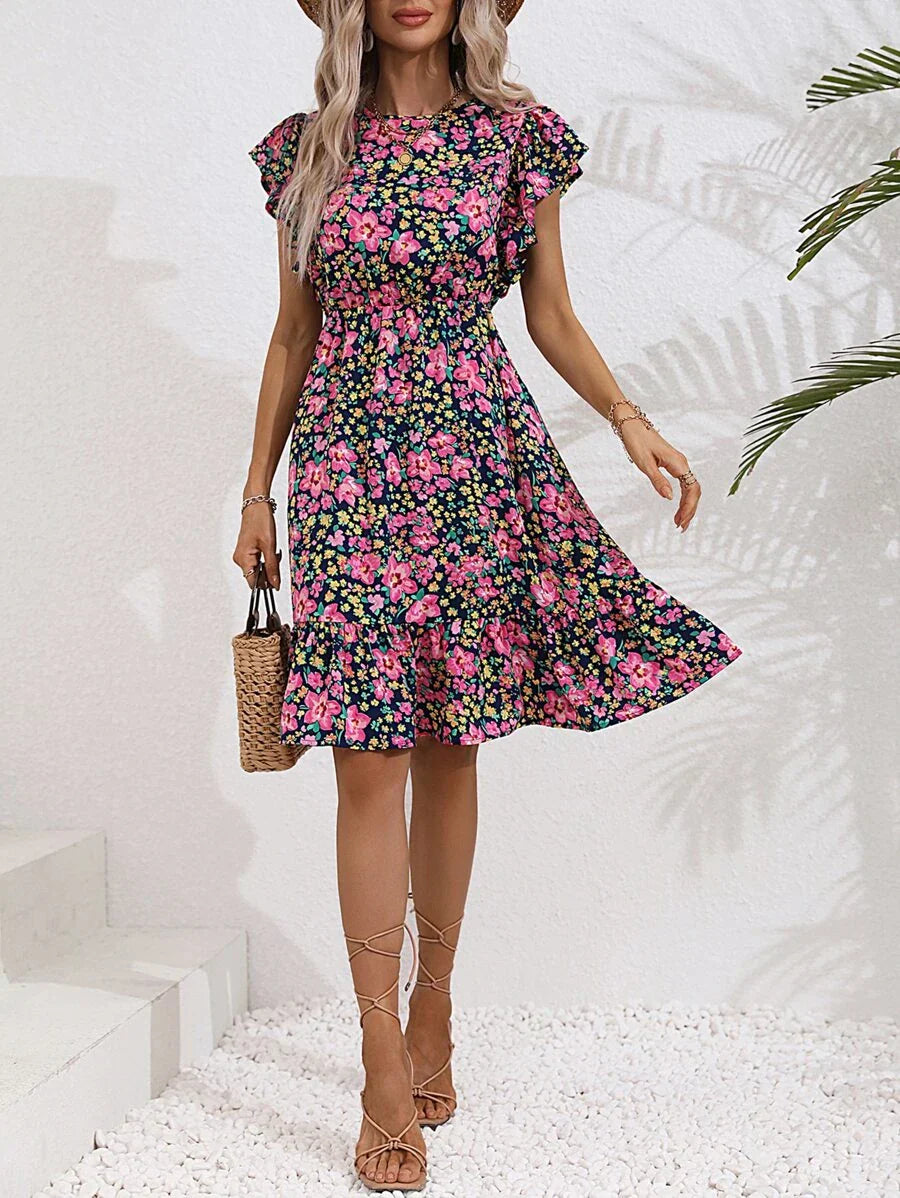 Women's Midi Dress with Ruffle Sleeves and Floral Print