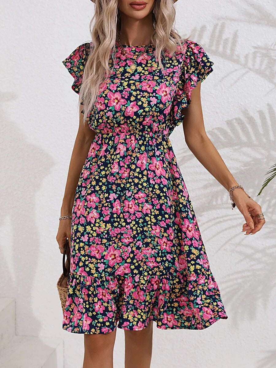 Women's Midi Dress with Ruffle Sleeves and Floral Print