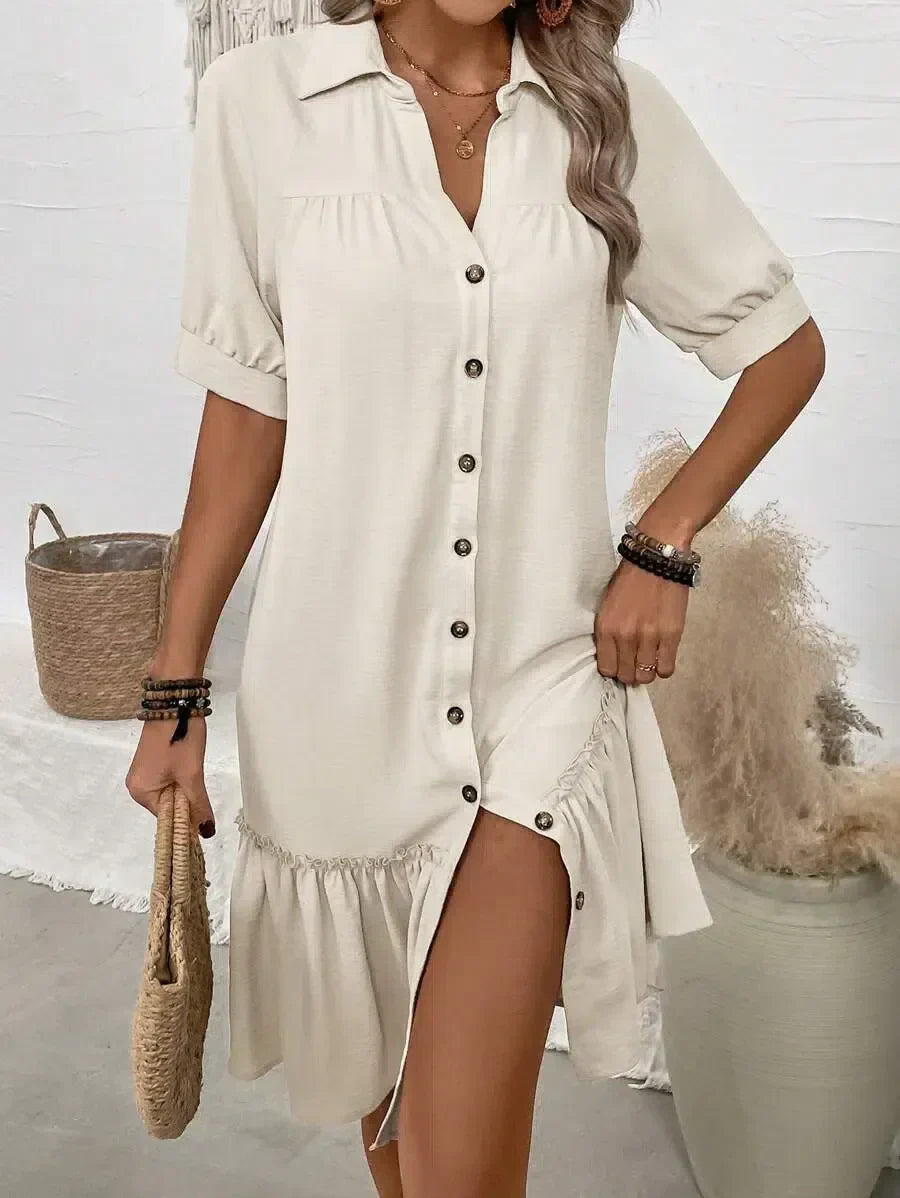 Women's Button-Down Midi Dress with Ruffled Hem for Stylish Comfort