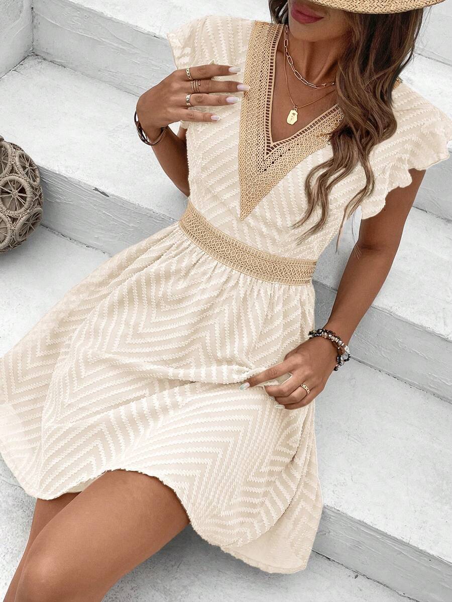 Women's Short Sleeve V-Neck Mini Dress with Crochet Trim Detail