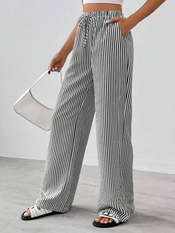 Women's Striped Wide-Leg Trousers with Elastic Waistband