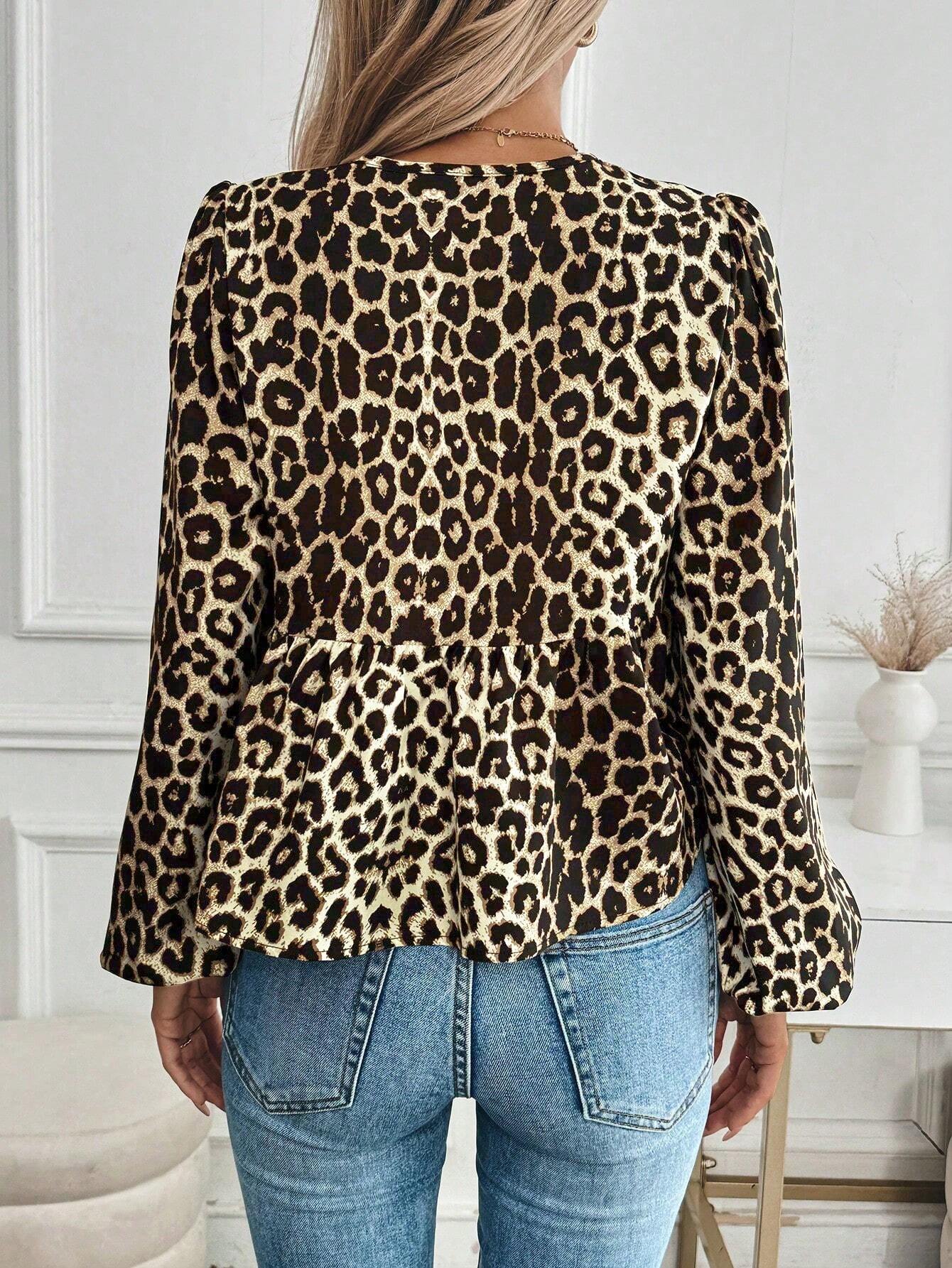 Women's Leopard Print Tie Neck Blouse with Lantern Sleeves