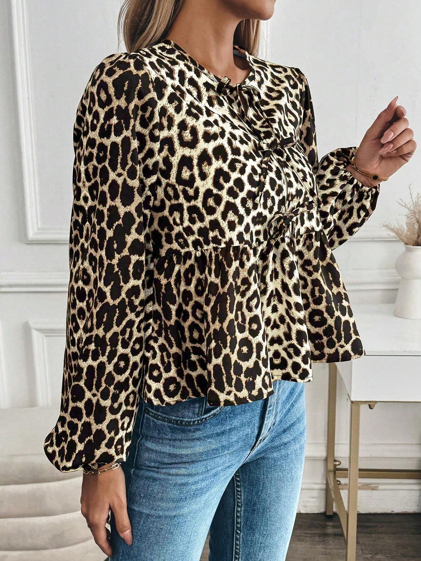 Women's Leopard Print Tie Neck Blouse with Lantern Sleeves