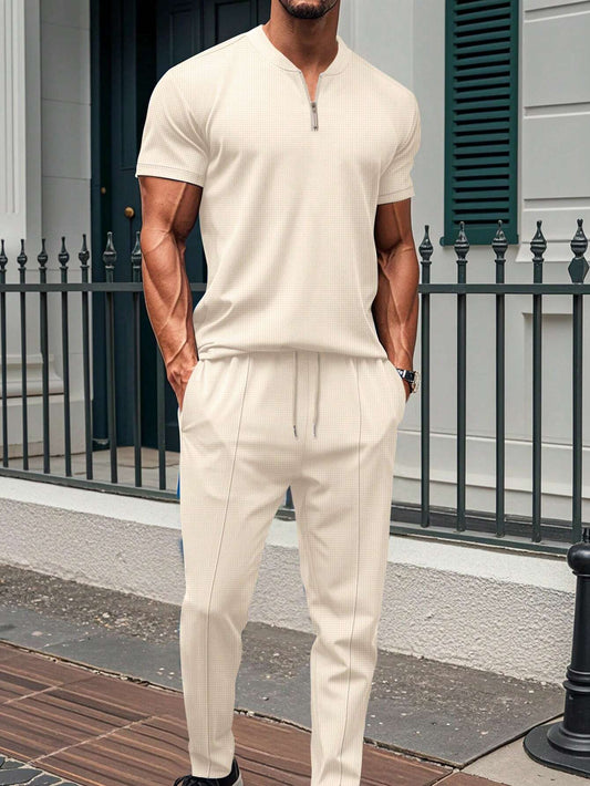 Men’s Two Piece Zip Neck Top and Drawstring Pants Set with Tapered Fit