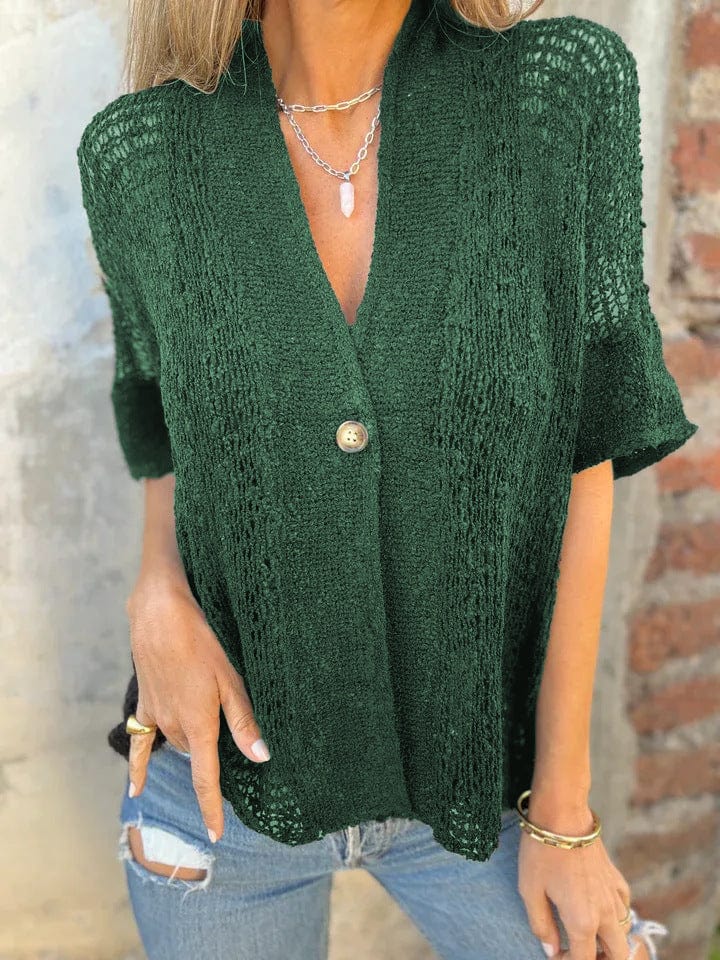 Women's Short-Sleeve Knitted Shirt with V-Neck and Button Front