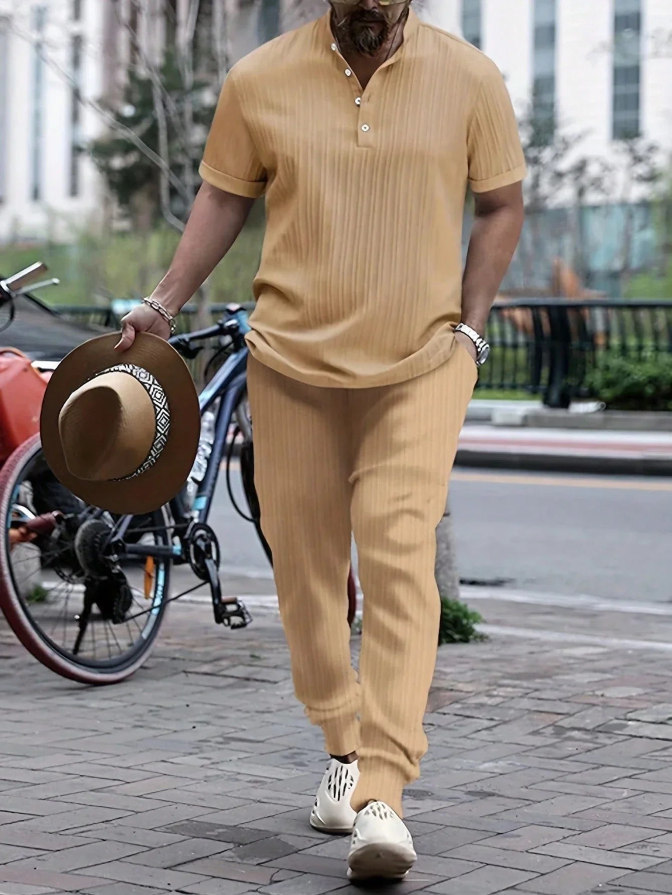 Men’s Two Piece Short Sleeve Shirt and Jogger Pants Set with Button Neck