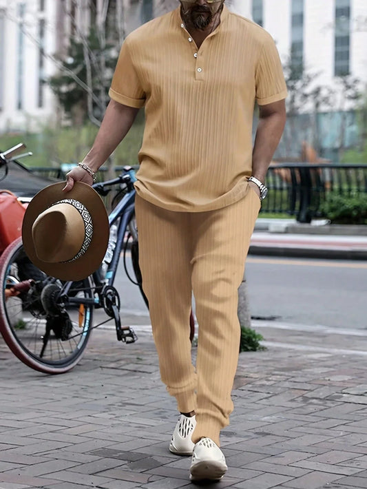 Men’s Two Piece Short Sleeve Shirt and Jogger Pants Set with Button Neck
