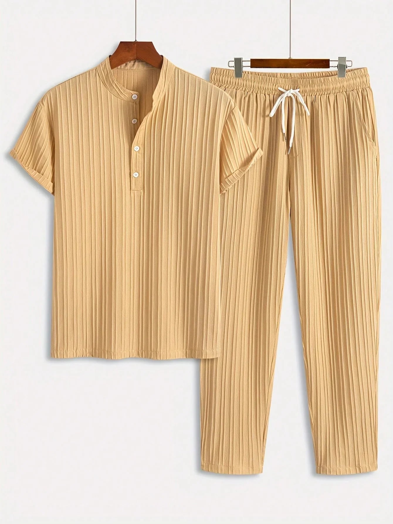 Men’s Two Piece Short Sleeve Shirt and Jogger Pants Set with Button Neck