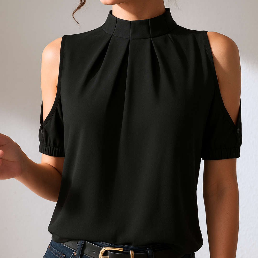 Women's Pleated High-Neck Blouse with Cut-Out Short Sleeves