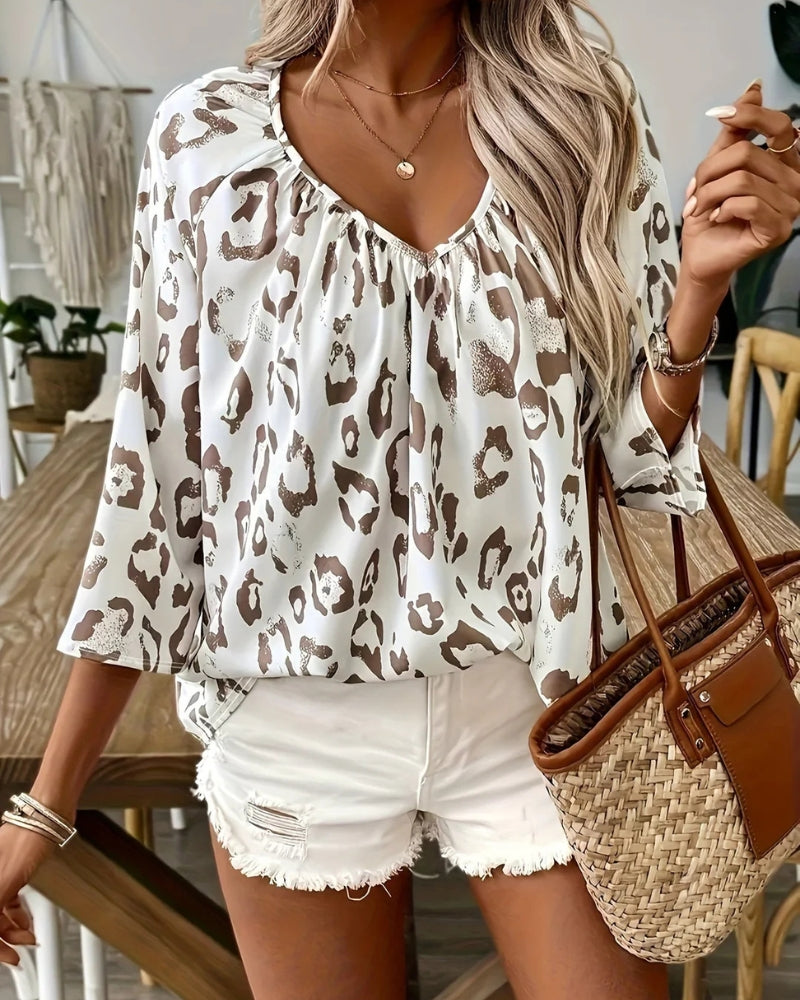 Women's Leopard Print Long-Sleeve Blouse with Gathered Neckline