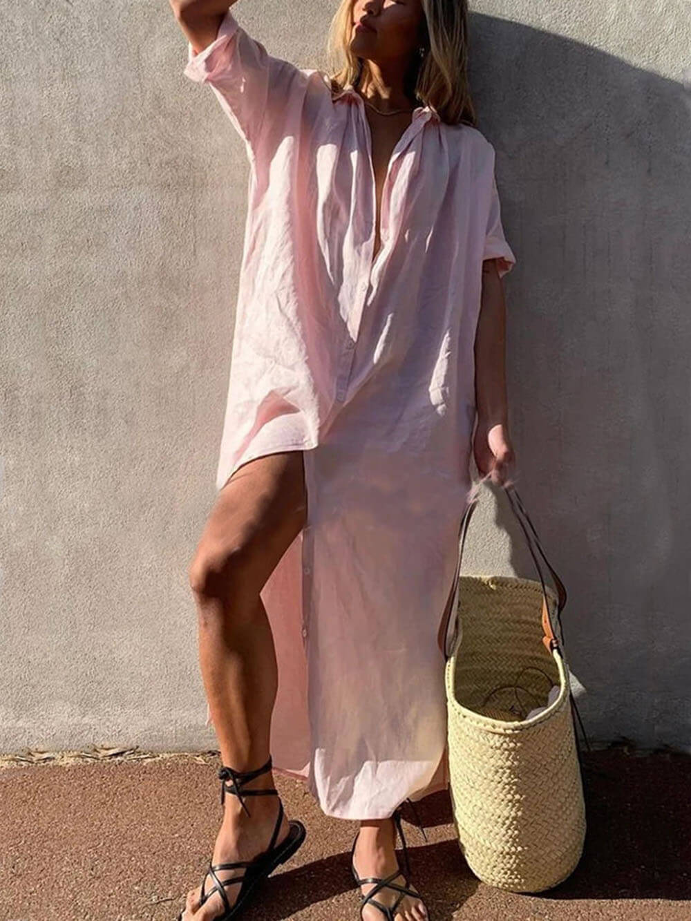 Women's Oversized Button-Down Maxi Shirt Dress with Side Slit