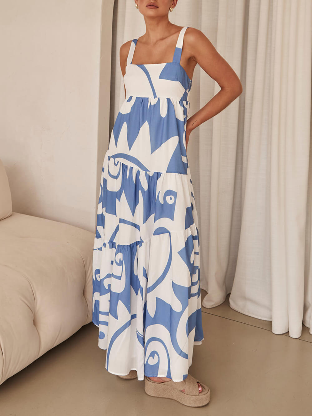 Women's Geometric Print Maxi Dress with Wide Straps and Tiers