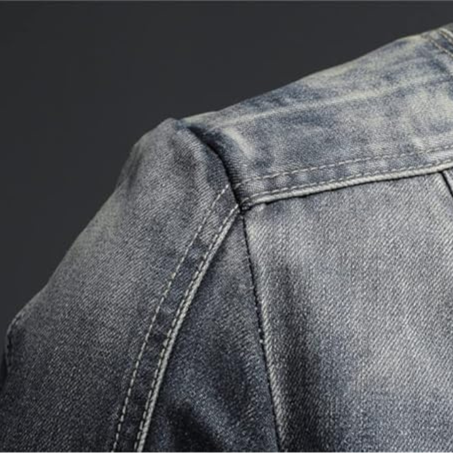 Men's Faded Zip-Up Denim Jacket with Moto-Style Stitch Details