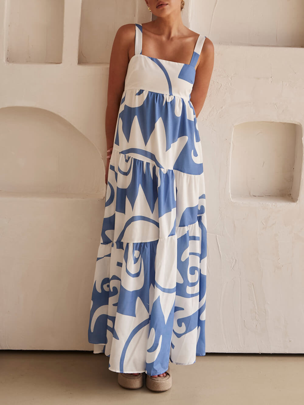 Women's Geometric Print Maxi Dress with Wide Straps and Tiers