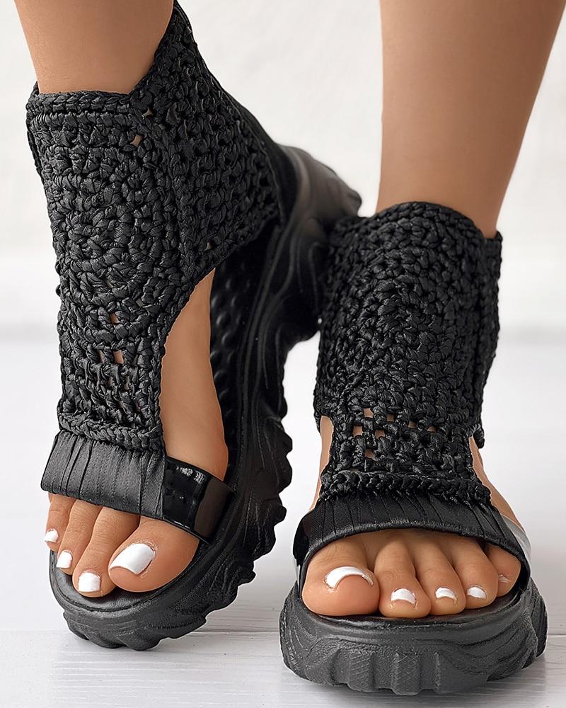 Women's Platform Sandals with Crochet Knit Upper and Open Toe