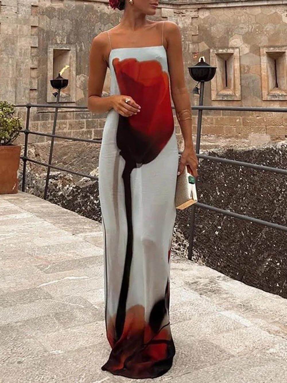 Women's Abstract Tulip Print Vacation Slip H-Line Maxi Dress