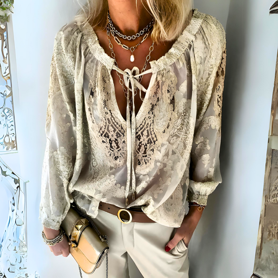 Women's Boho Sheer Blouse with Crochet Detail and Tie Neckline