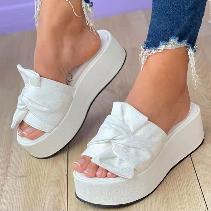Women's Platform Slide Sandals with Bow Detail