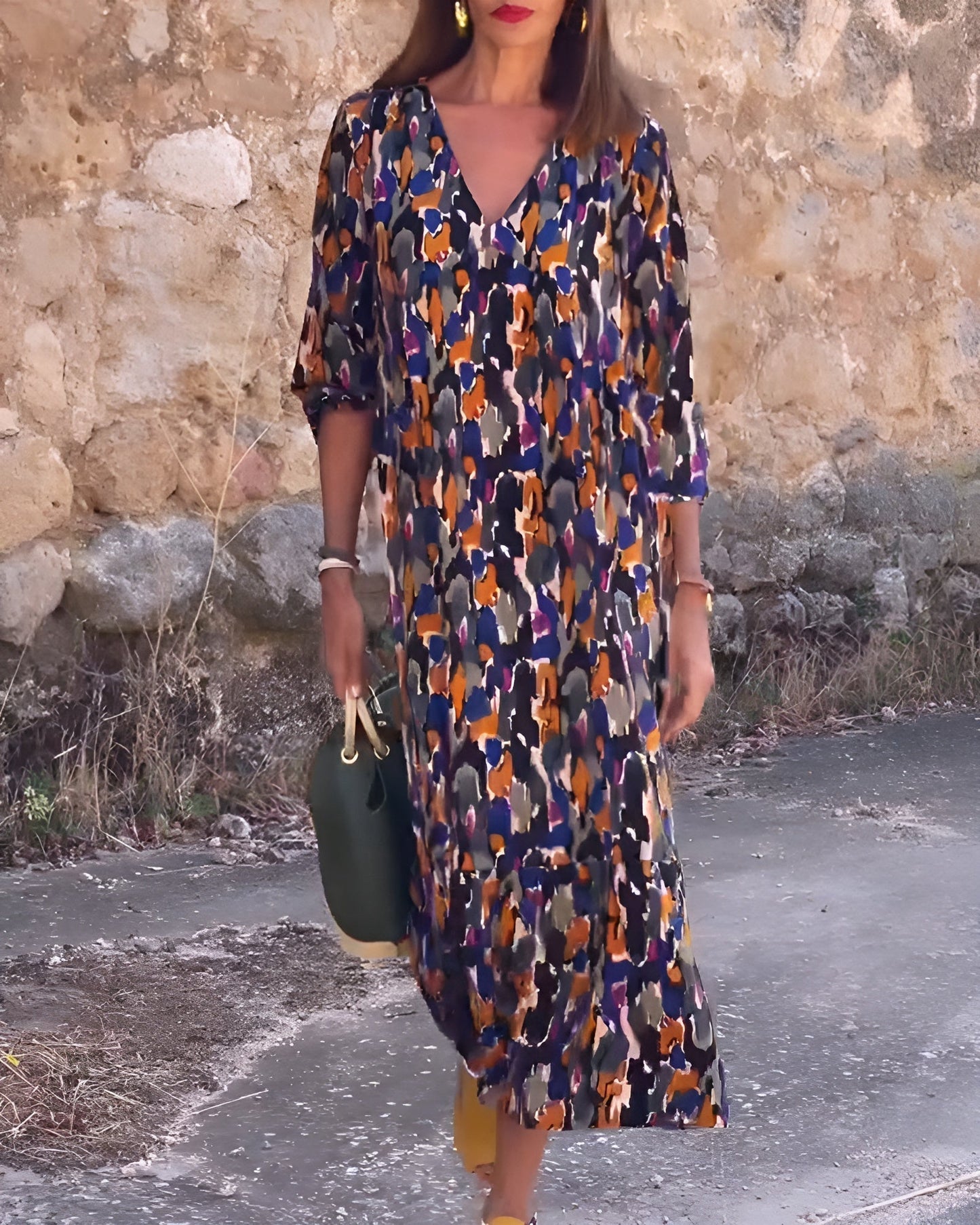 Women's Printed Midi Dress with V-Neckline and 3/4 Puff Sleeves