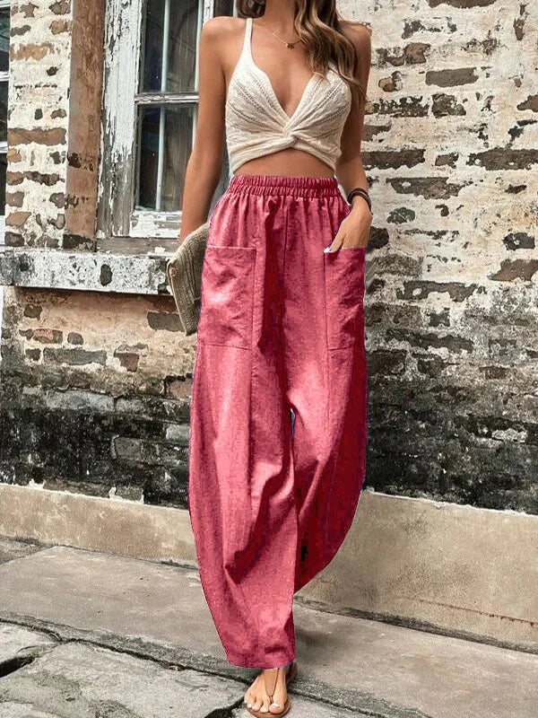 Women's Relaxed Wide-Leg Trousers with Elastic Waist and Side Pockets