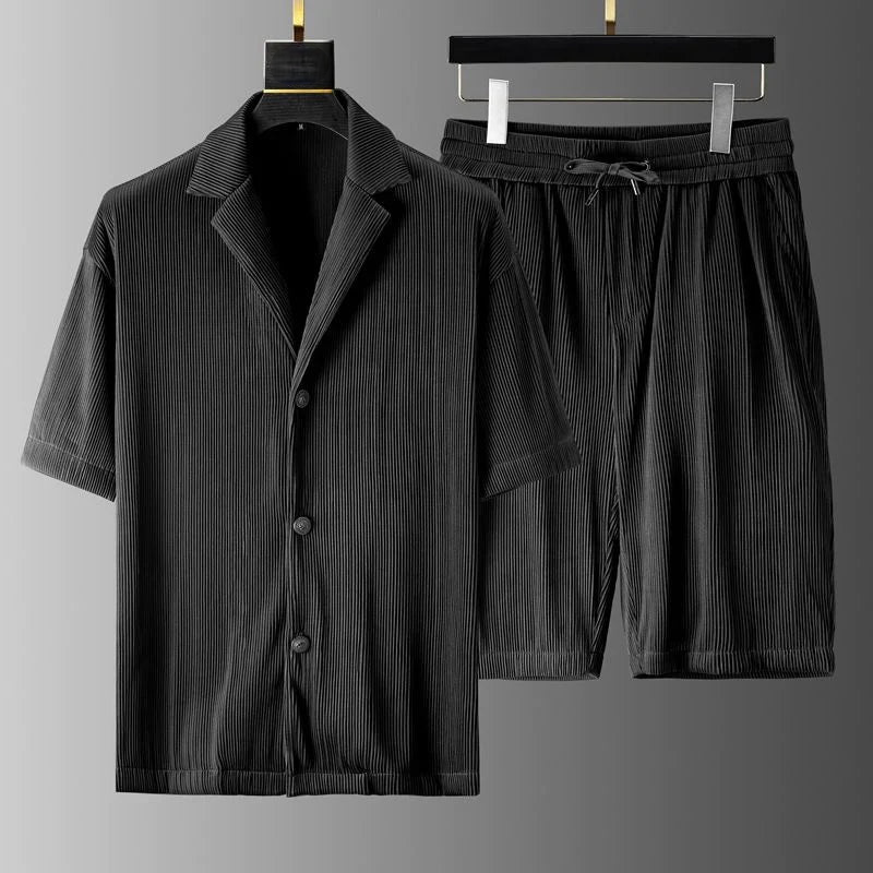 Men's Two-Piece Set with Ribbed Button Shirt and Drawstring Shorts