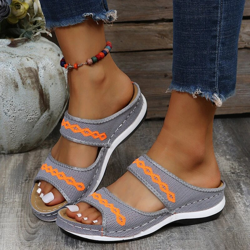 Women's Double Strap Casual Sandals with Embroidered Detailing