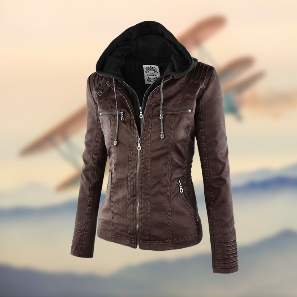 Women's Fitted Leather Jacket with Hood and Zipper Details