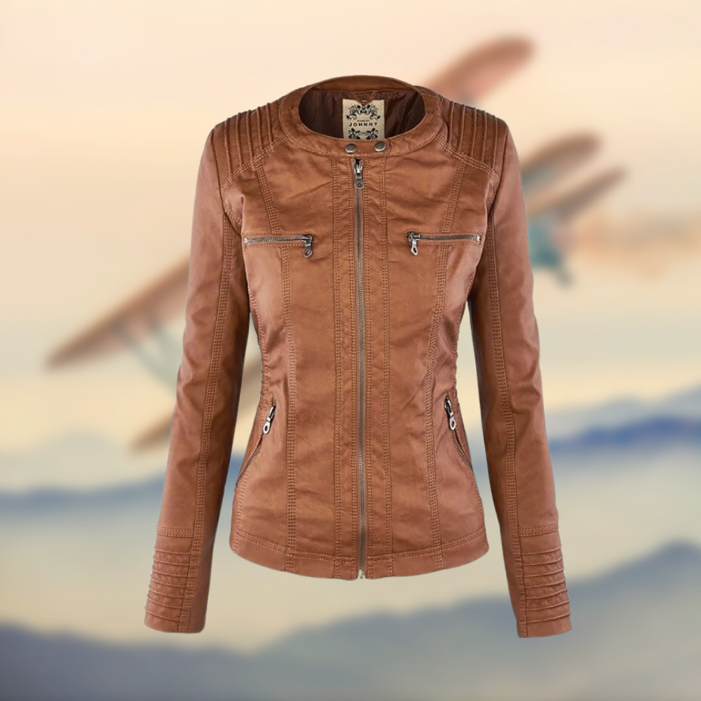 Women's Fitted Leather Jacket with Hood and Zipper Details