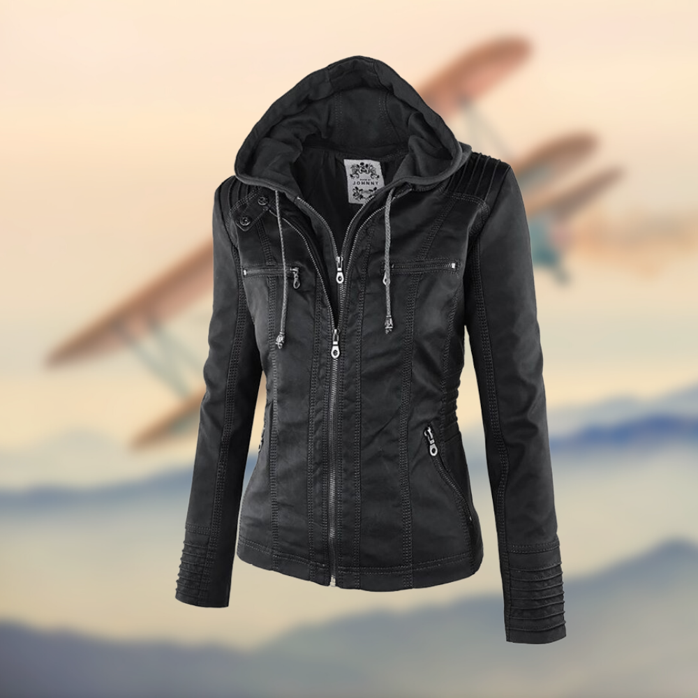 Women's Fitted Leather Jacket with Hood and Zipper Details