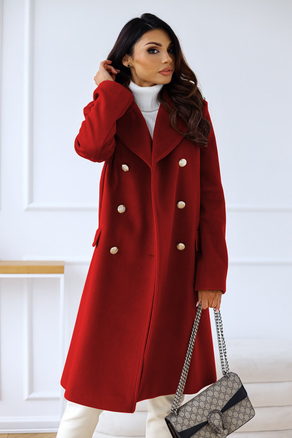Women's Double-Breasted Long Coat with Gold Button Accents