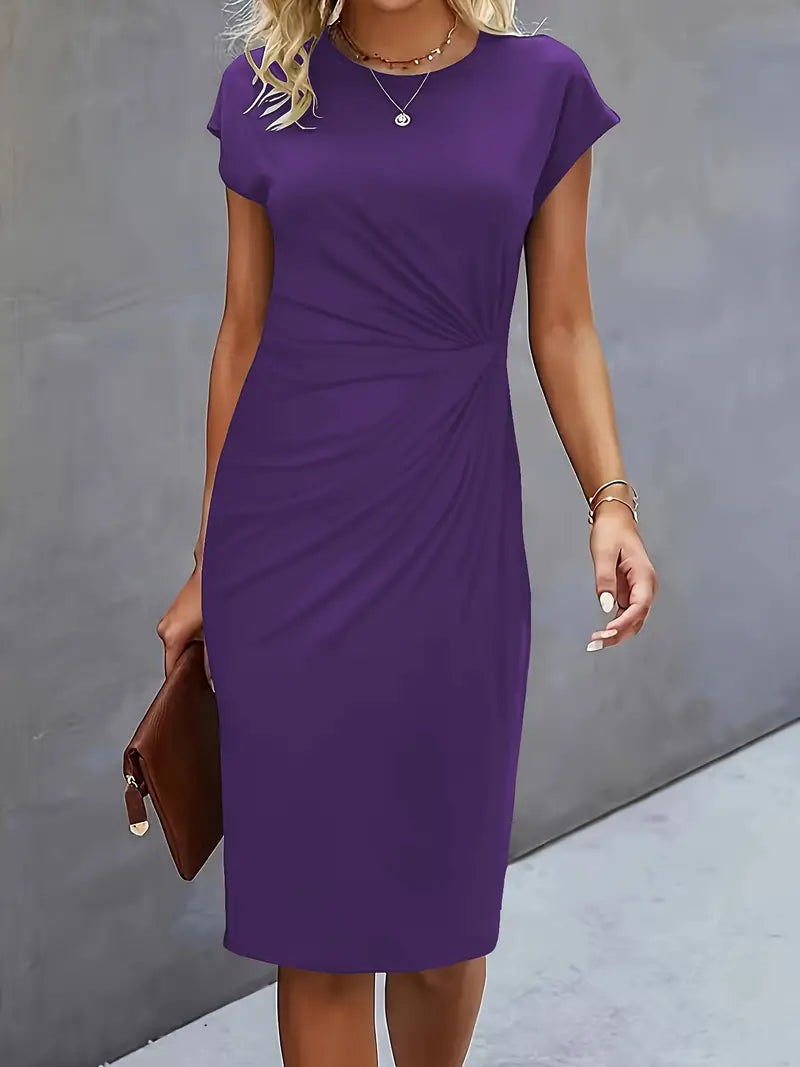Women's Knee-Length Sheath Dress with Ruched Waist and Cap Sleeves
