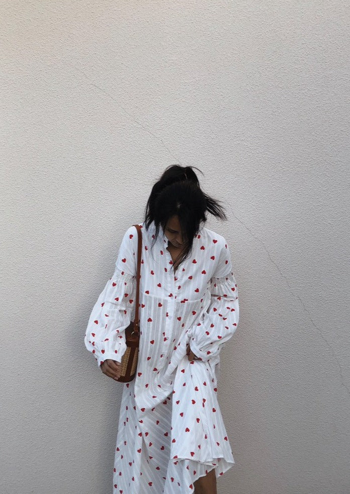 Women's Long Sleeve Maxi Dress with Heart Print Design