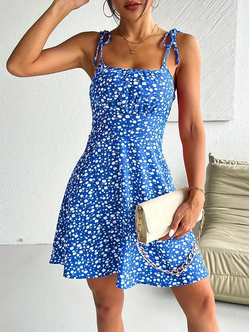 Women's Mini Dress with Floral Print and Tie Straps