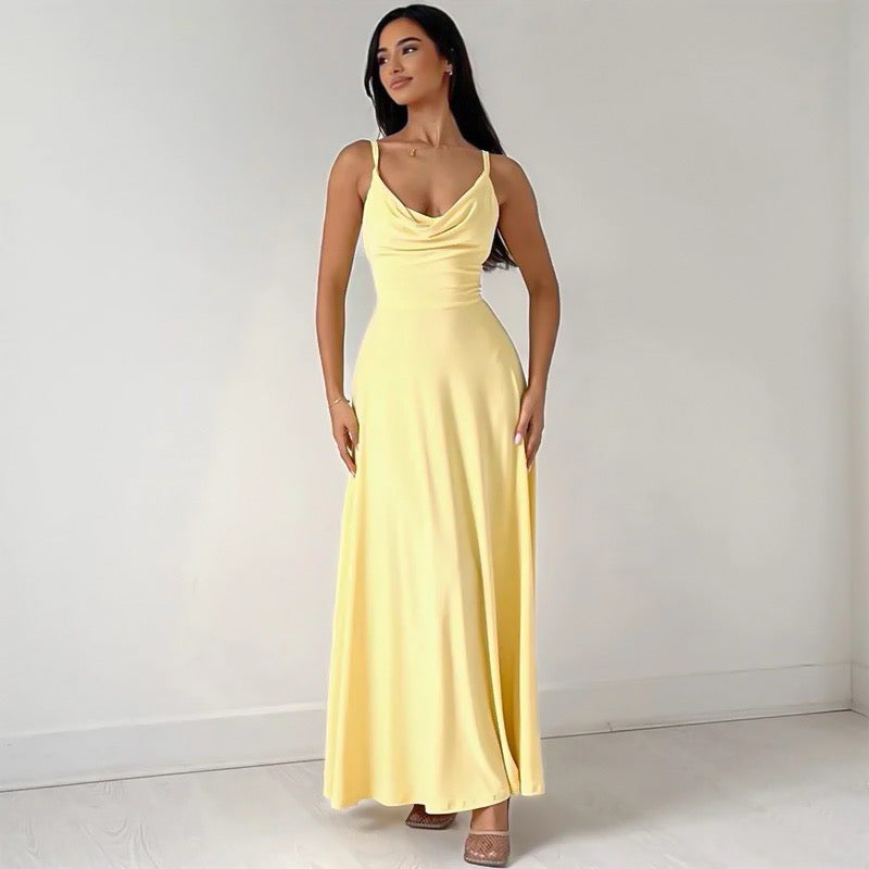 Women's Sleeveless Maxi Dress with Deep V-Neck and Flowing Skirt