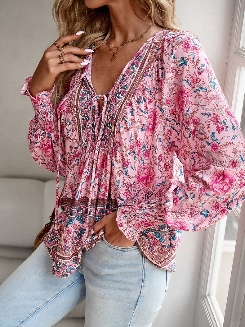 Women's Boho Floral Tunic Top with Long Sleeves and V-Neck Tie