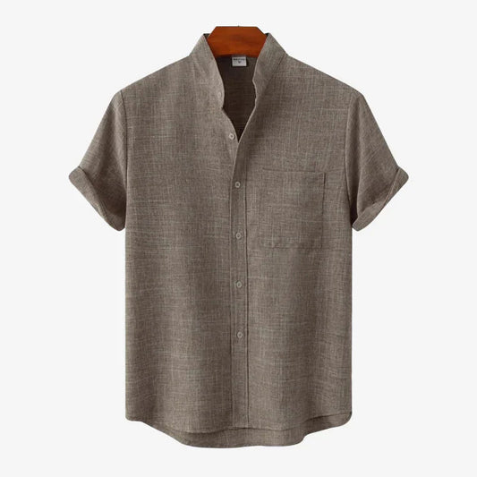Men's Short-Sleeve Stand Collar Shirt with Front Chest Pocket