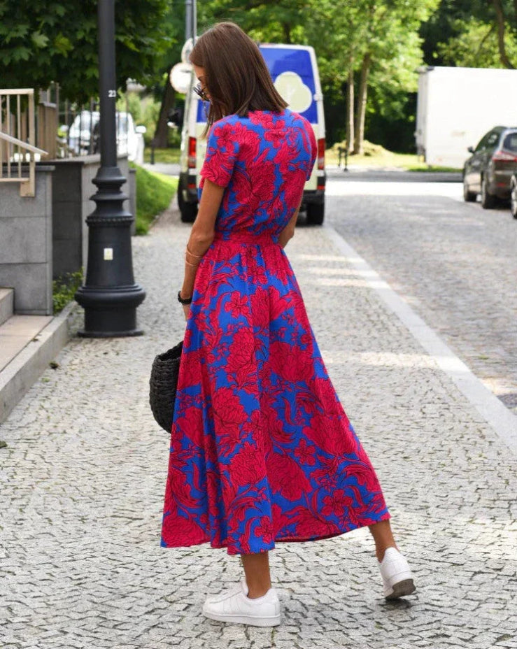 Women’s Summer Wrap Dress – Floral Print V-Neck Casual Midi