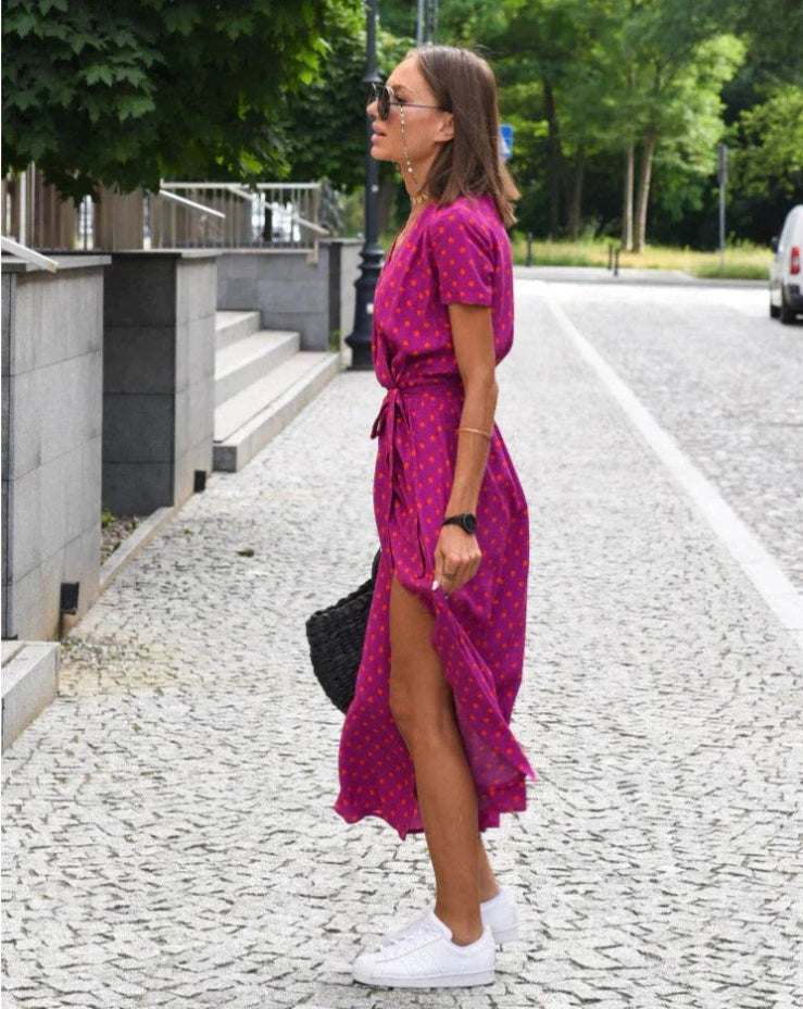 Women’s Summer Wrap Dress – Floral Print V-Neck Casual Midi