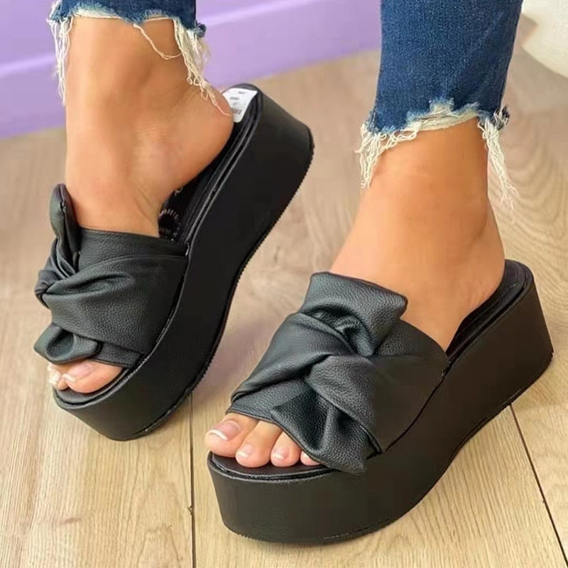 Women's Platform Slide Sandals with Bow Detail