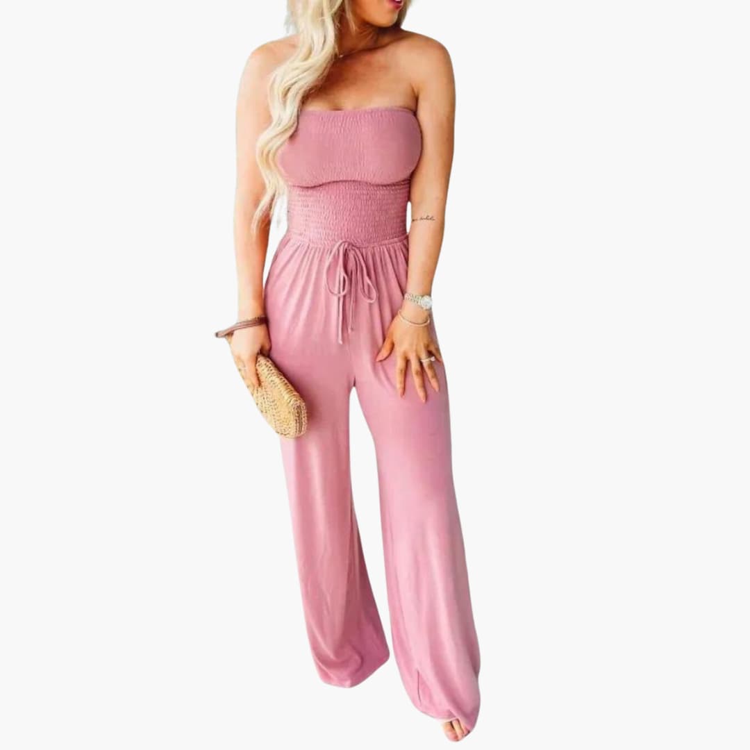 Women's Strapless Wide-Leg Jumpsuit with Smocked Bodice Waist