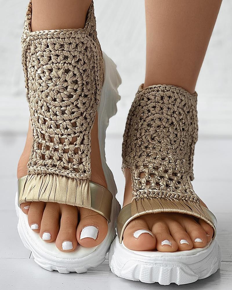 Women's Platform Sandals with Crochet Knit Upper and Open Toe