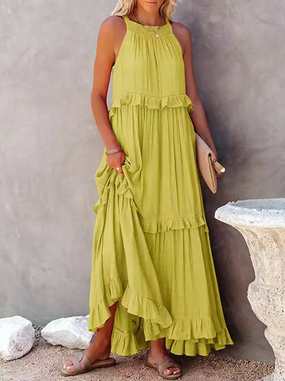 Women's Halterneck Maxi Dress with Ruffle Layers and Side Pockets