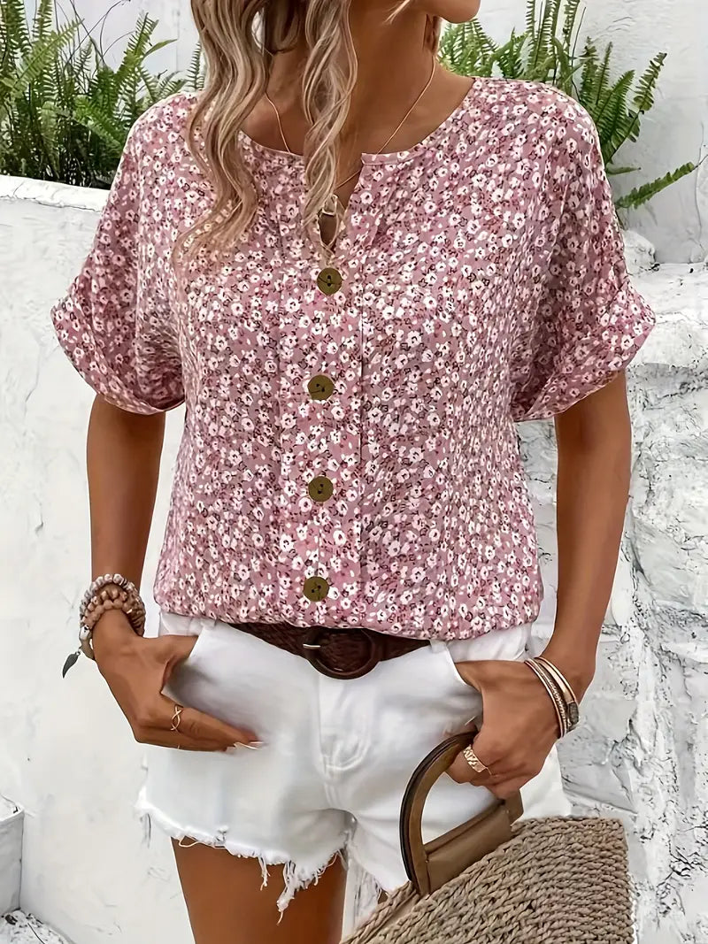 Women's Short-Sleeve Floral Button-Front Blouse